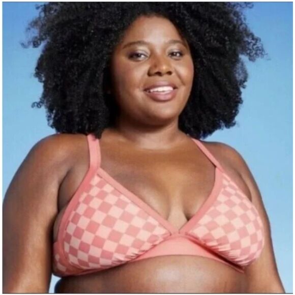 NWT Kona Sol Triangle Bikini Top Coral Pink Checkered Print Plus Size 1X - Picture 1 of 7